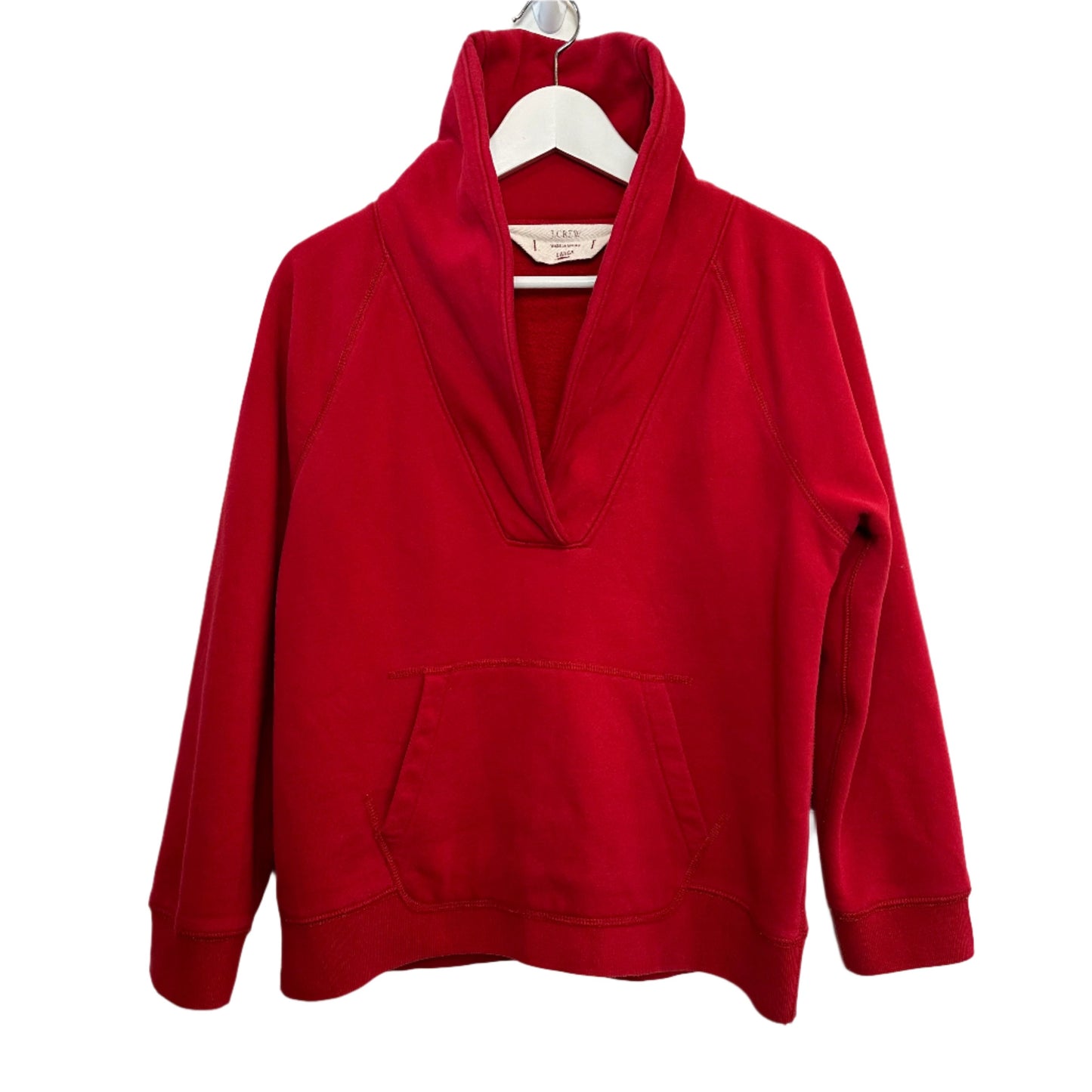 J. Crew Sweatshirt Pullover Shawl Collar V Neck Kangaroo Pocket Red Large