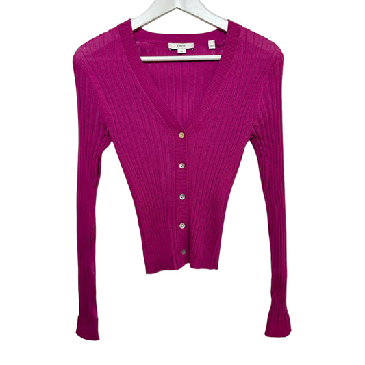 Vince Ribbed V-Neck Cardigan Pink Rosea Ribbed Knit Small