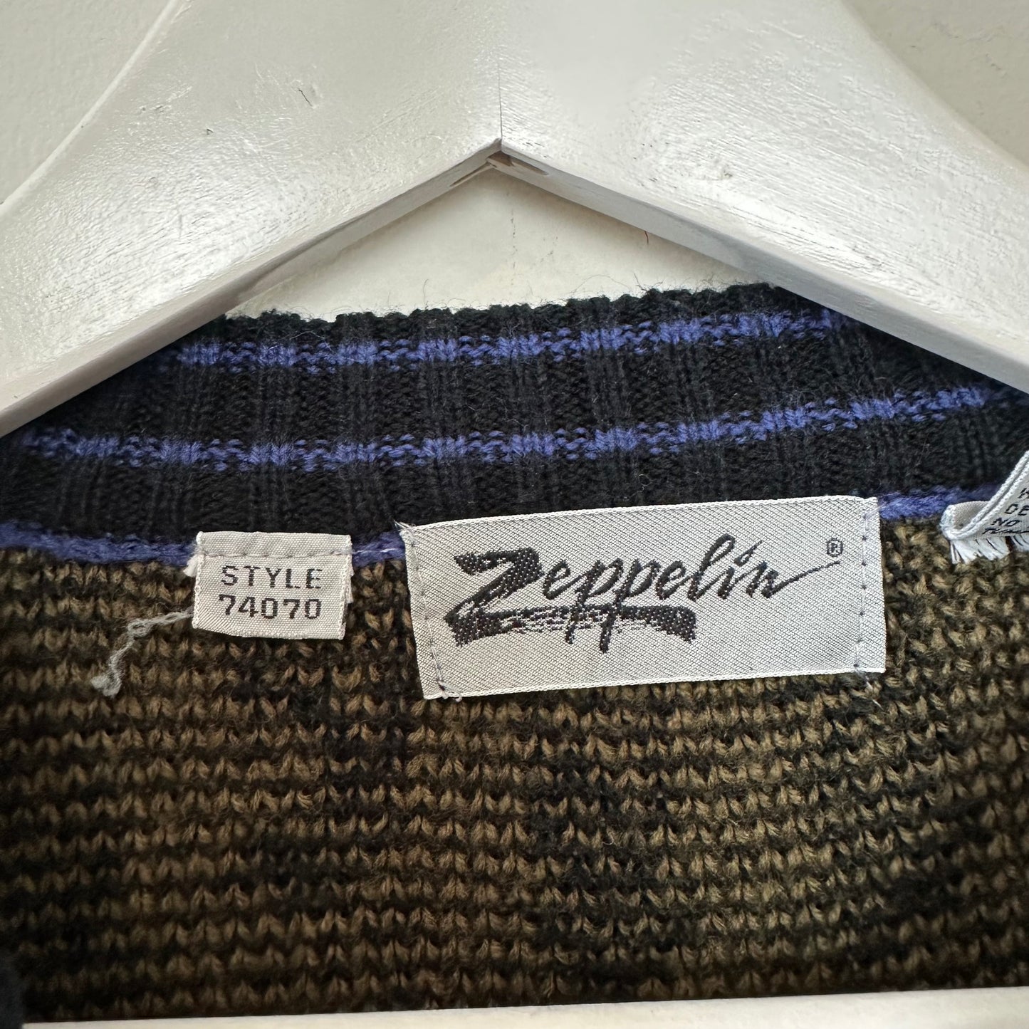 Vintage 90s Zeppelin Chunky Knit Grandpa Sweater Geometric Green Blue Large
