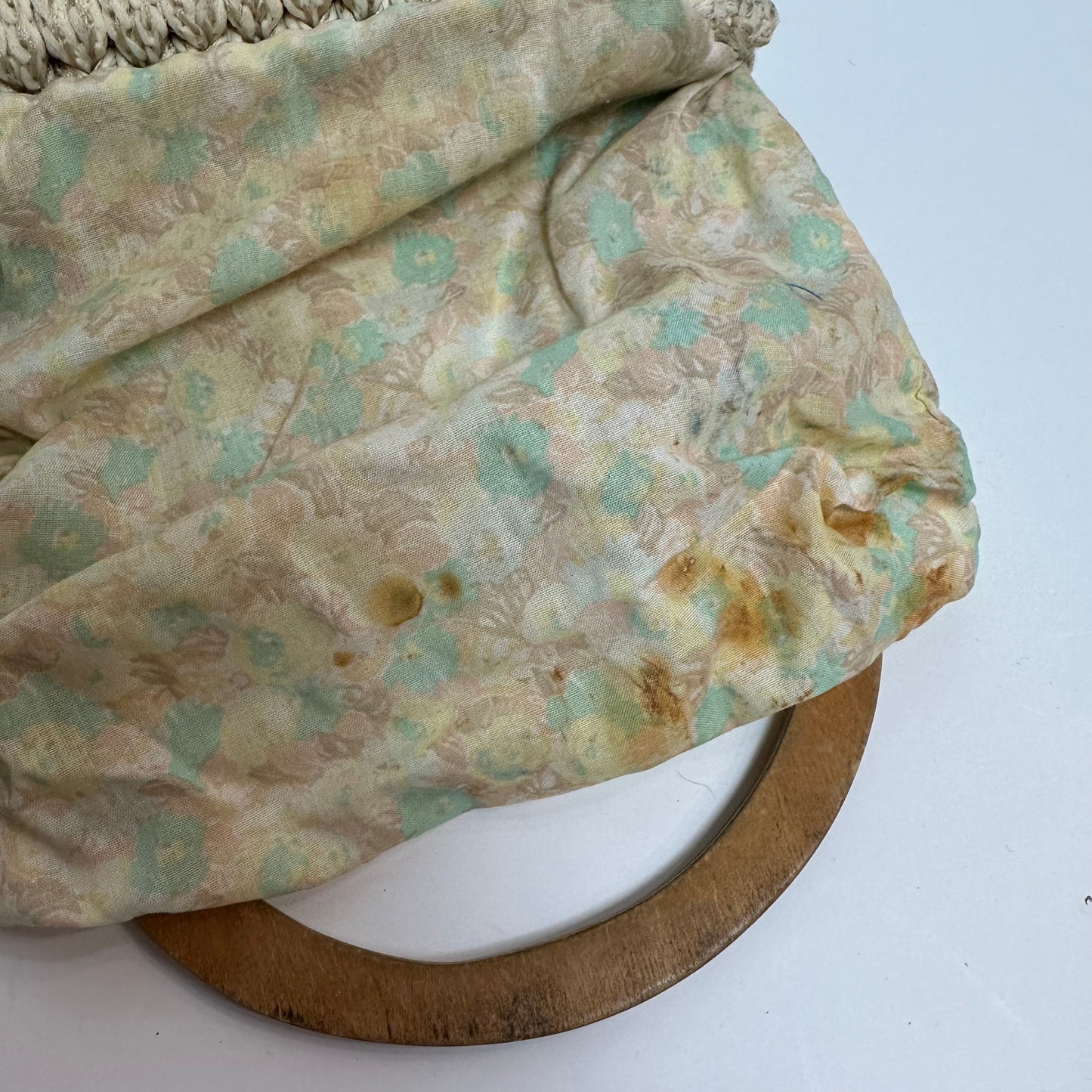 Vintage 70s Macrame Purse Wooden Top Handle Bag