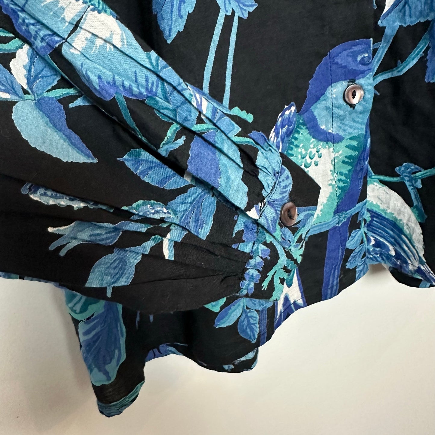 Banjanan Ella Shirt Woden Hedgerow Floral Bird Blouse Long Sleeve Blue Medium