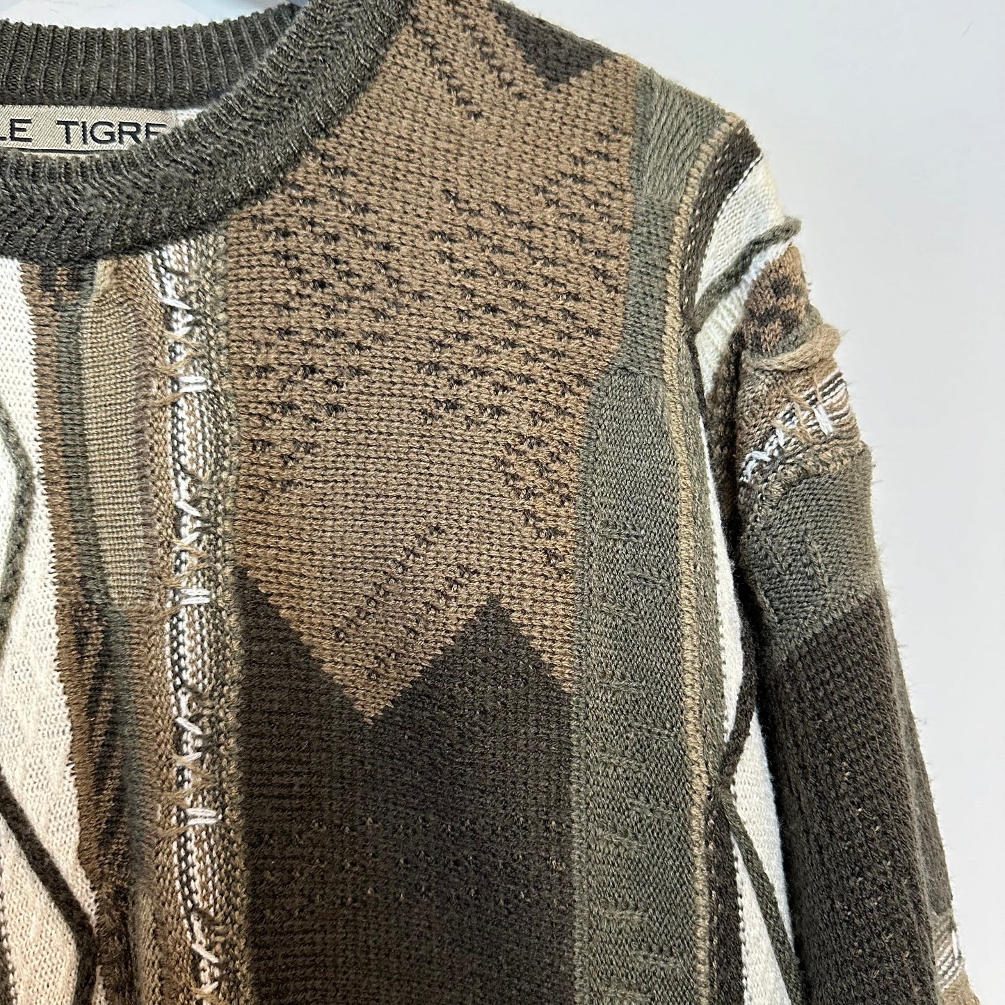 Vintage 90s Le Tigre Sweater Coogi Style Neutral Geometric Acrylic Crewneck Large