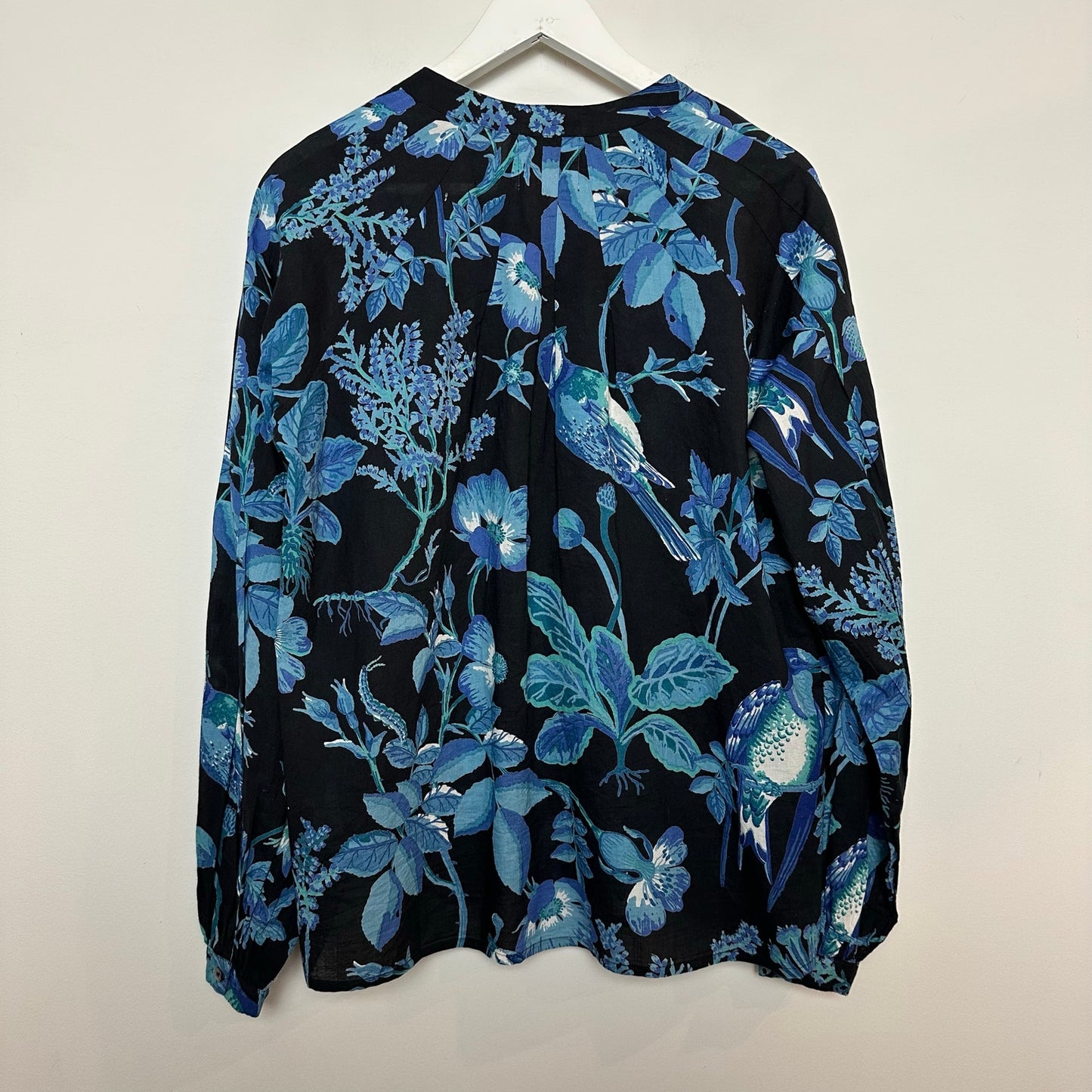 Banjanan Ella Shirt Woden Hedgerow Floral Bird Blouse Long Sleeve Blue Medium