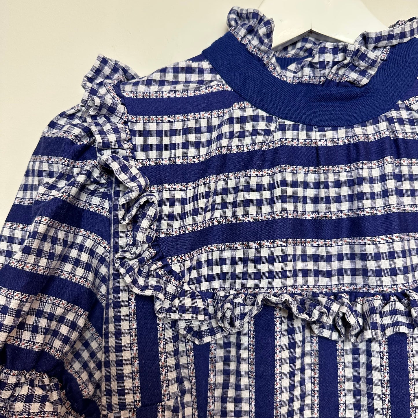 Vintage 70s Handmade Floral Midi Dress High Neck Short Sleeves Blue White Ruffles