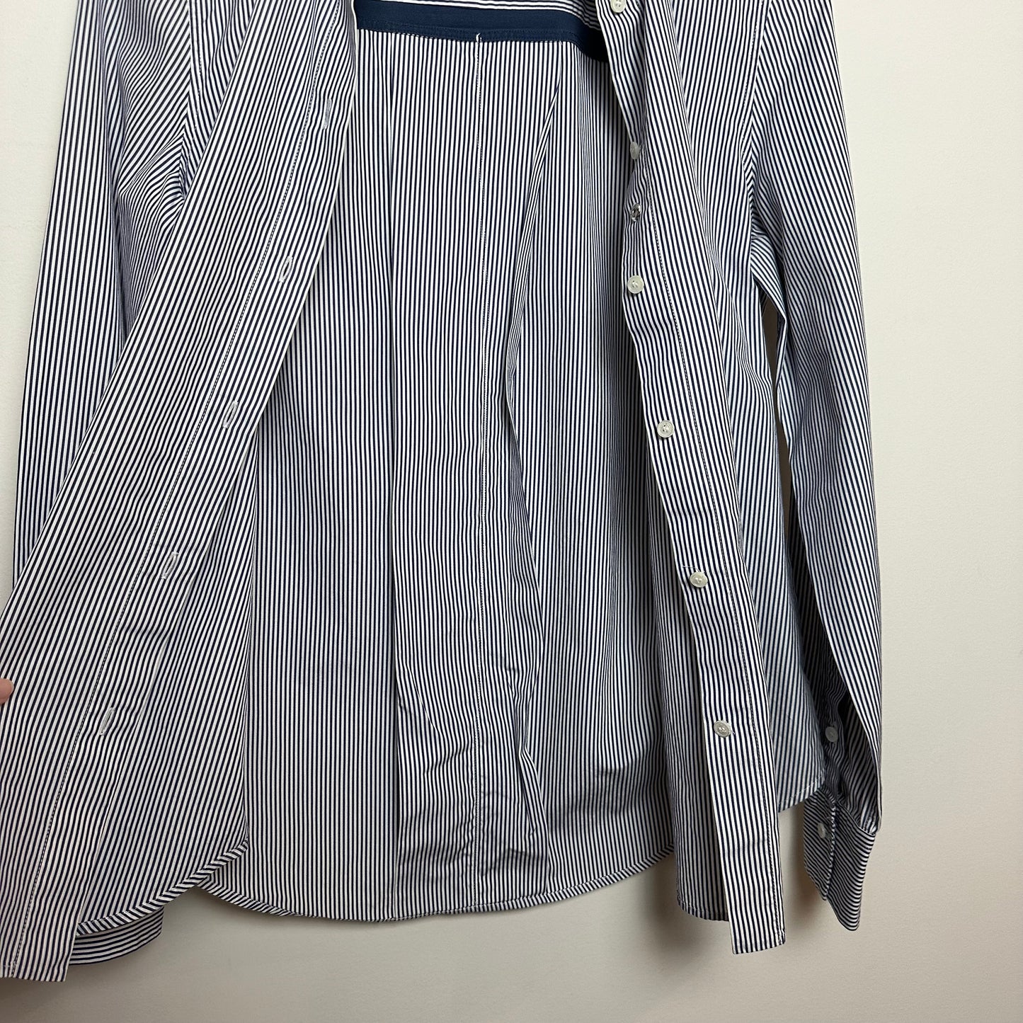 Loro Piana Button Up Shirt Collared Long Sleeve Striped Navy Blue and white Cotton Silk
