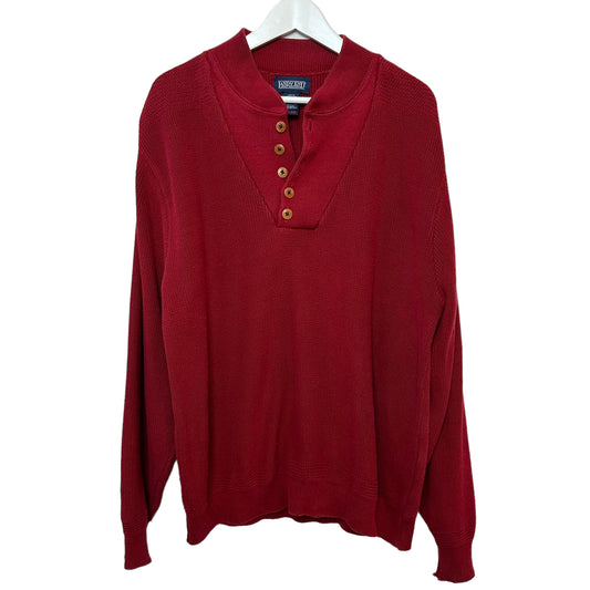 Vintage 90s Land's End Red Henley Sweater Knit Pullover Grandpa Cotton Large