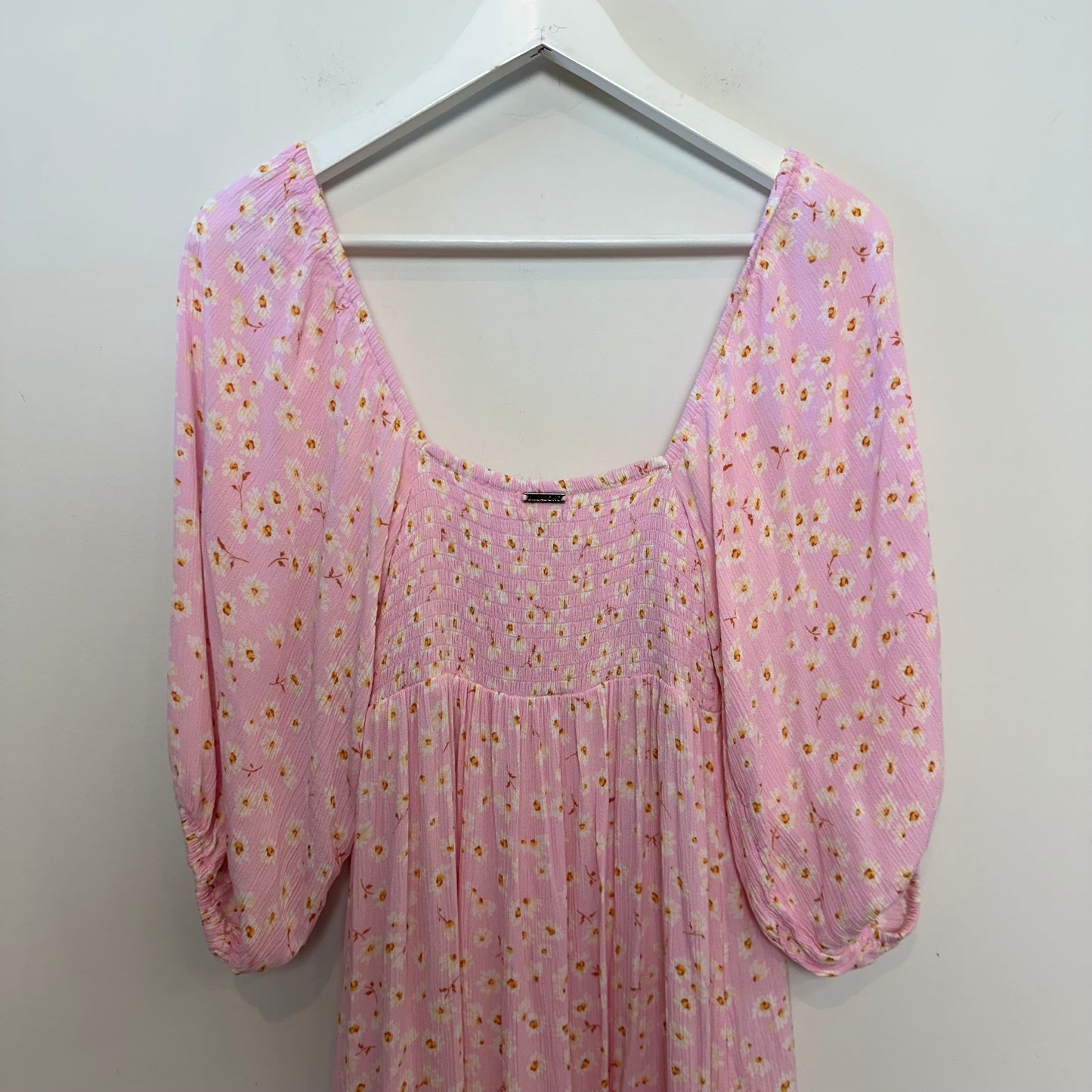 Billabong Pink Floral Swept Away Midi Dress Balloon Sleeves Small