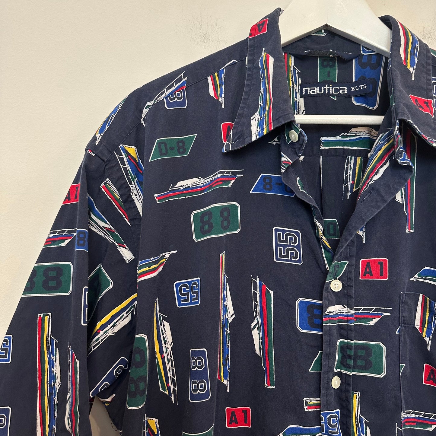 Vintage 90s Nautica Short Sleeve Button Down Collared Shirt Boats Nautical Sailing XL