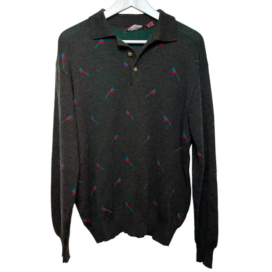 Vintage 80s Cambridge Classic Knit Polo Sweater Made in Italy Grey Wool Blend Large