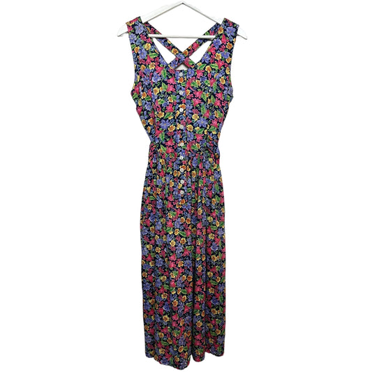 Vintage 80s 90s Erika Floral Midi Dress Cross Back Button Front Rayon Large