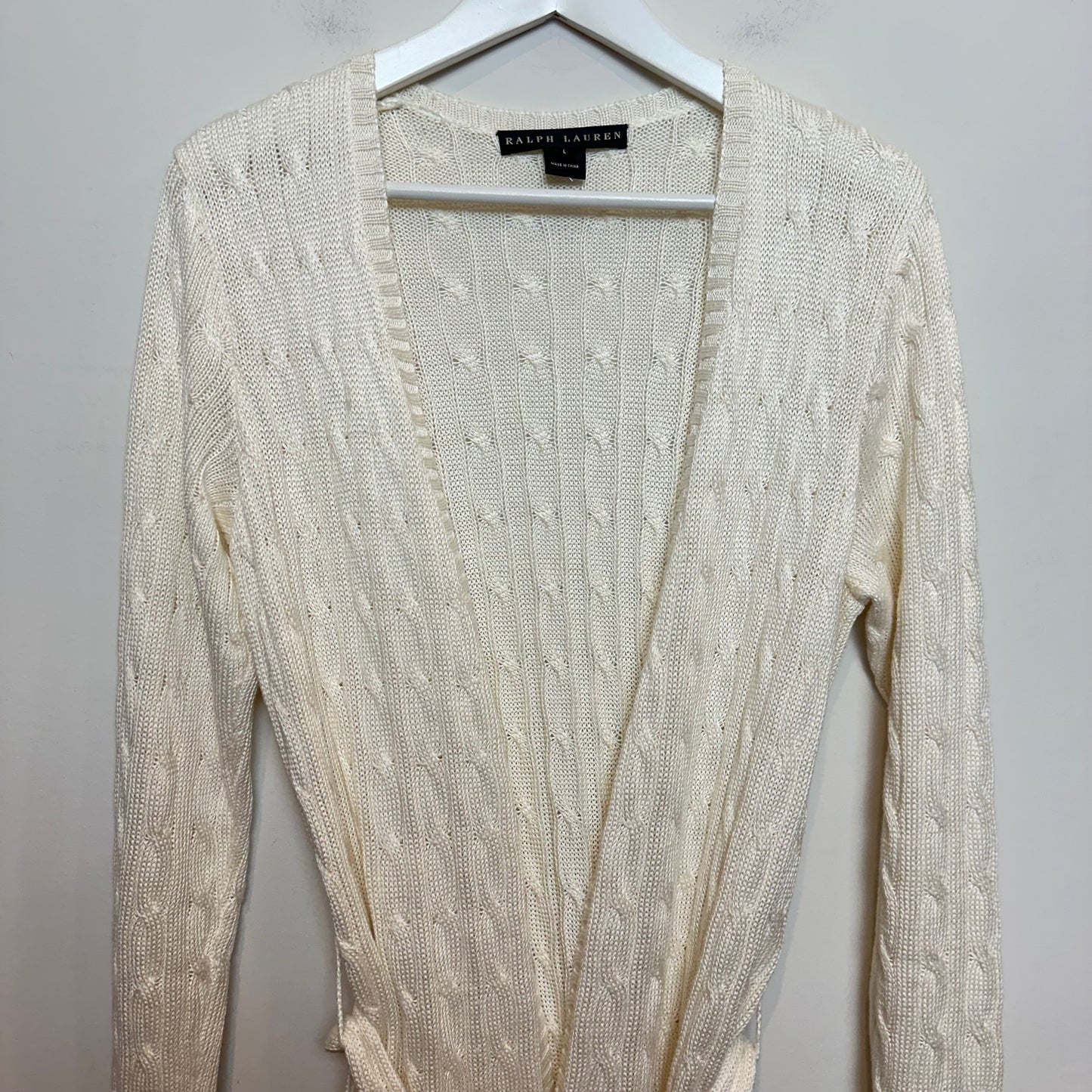 Ralph Lauren Black Label Cable Knit Cardigan Sweater Long Tie Front Silk Linen Large