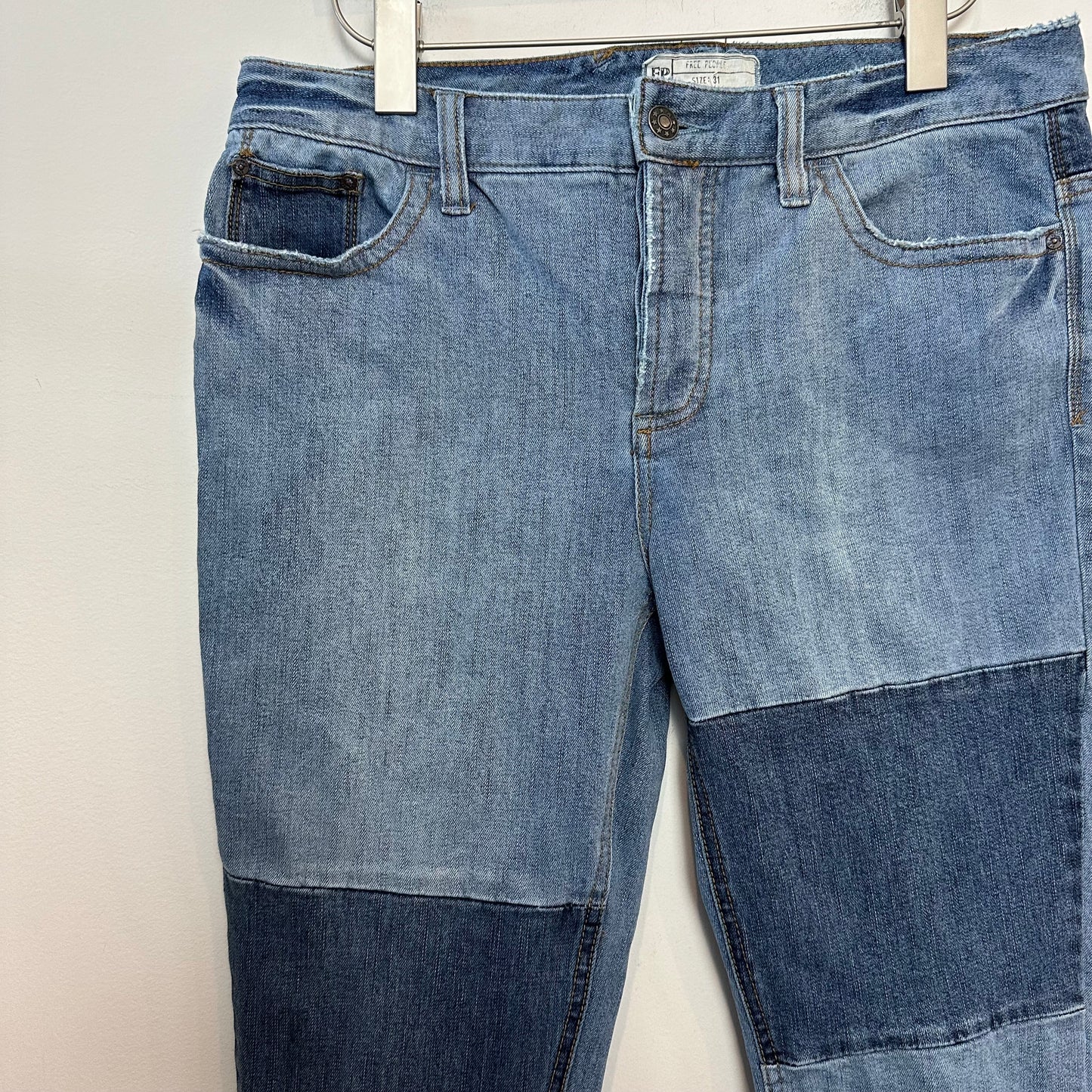Free People Jax Patched and Relaxed Skinny Camp Jeans Denim Patchwork 31