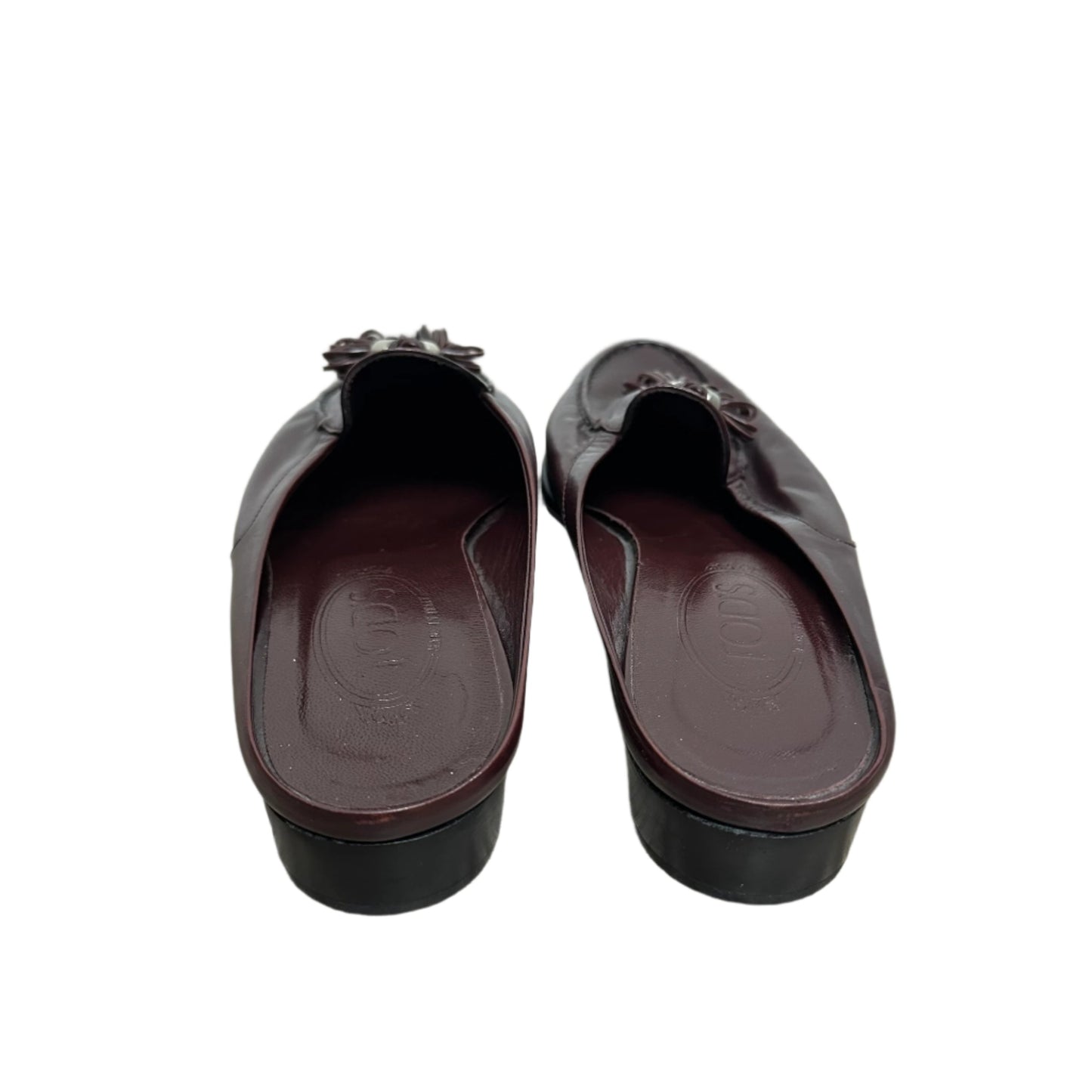 Tod's Loafers Burgundy Red Leather Slip On Tassel Low Heel Stitched Backless Mules 10