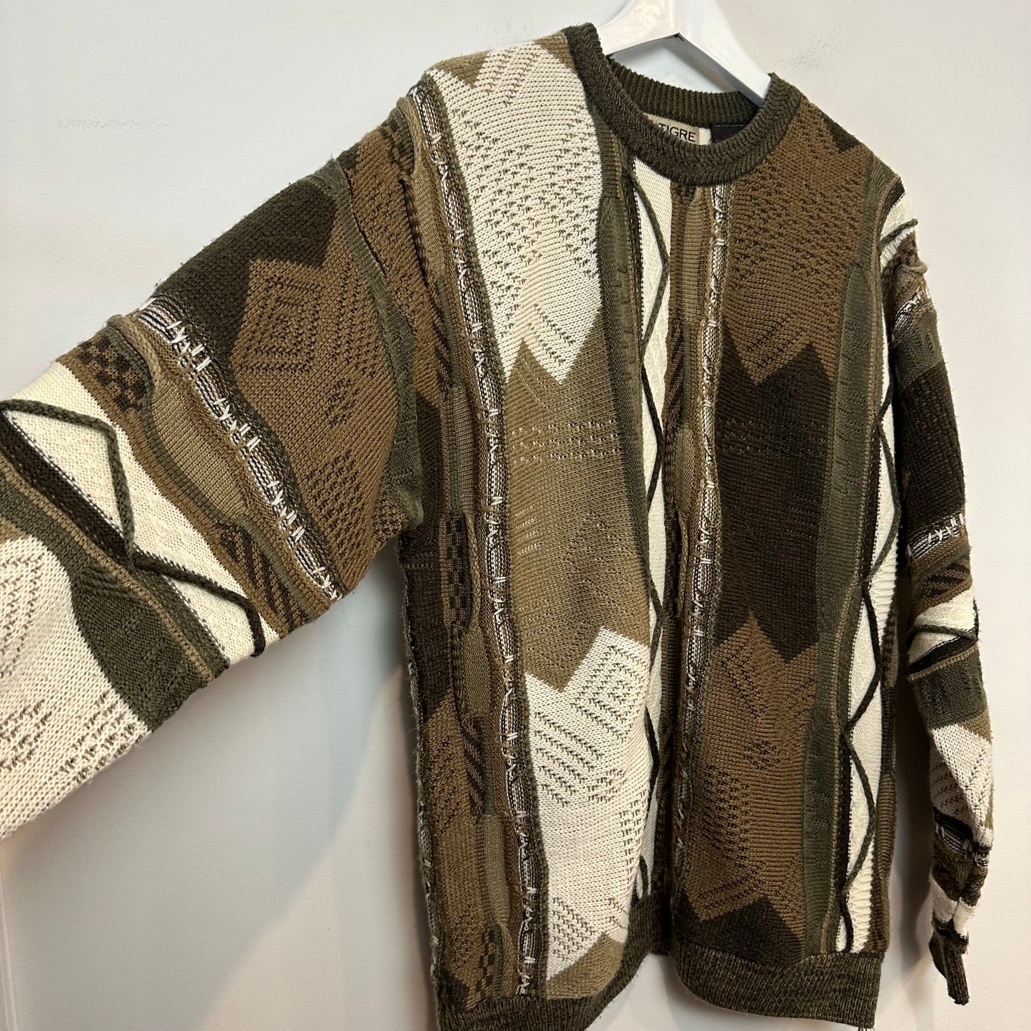 Vintage 90s Le Tigre Sweater Coogi Style Neutral Geometric Acrylic Crewneck Large