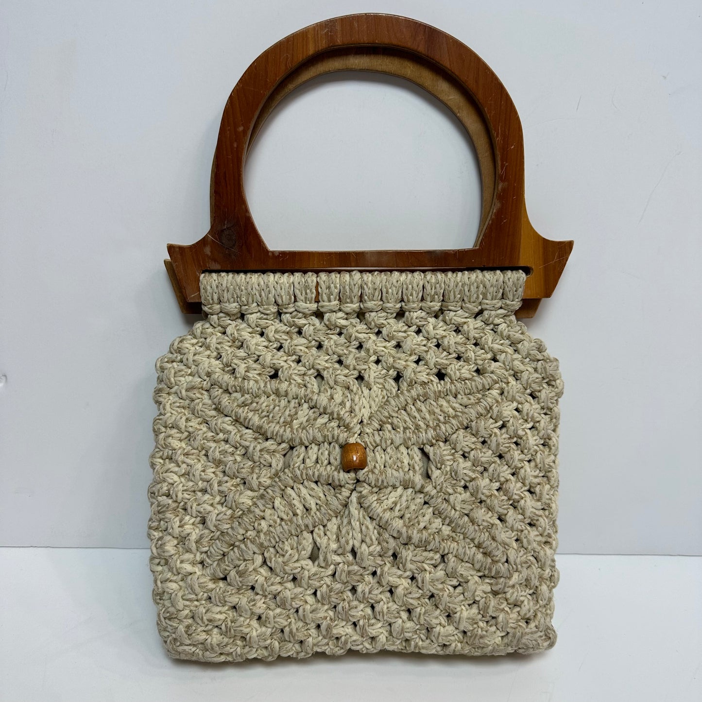 Vintage 70s Macrame Purse Wooden Top Handle Bag