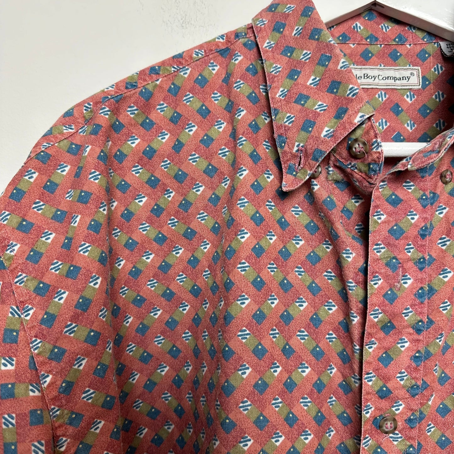 Vintage 90s Bugle Boy Company Geometric Short Sleeve Button Down Collared Shirt XL