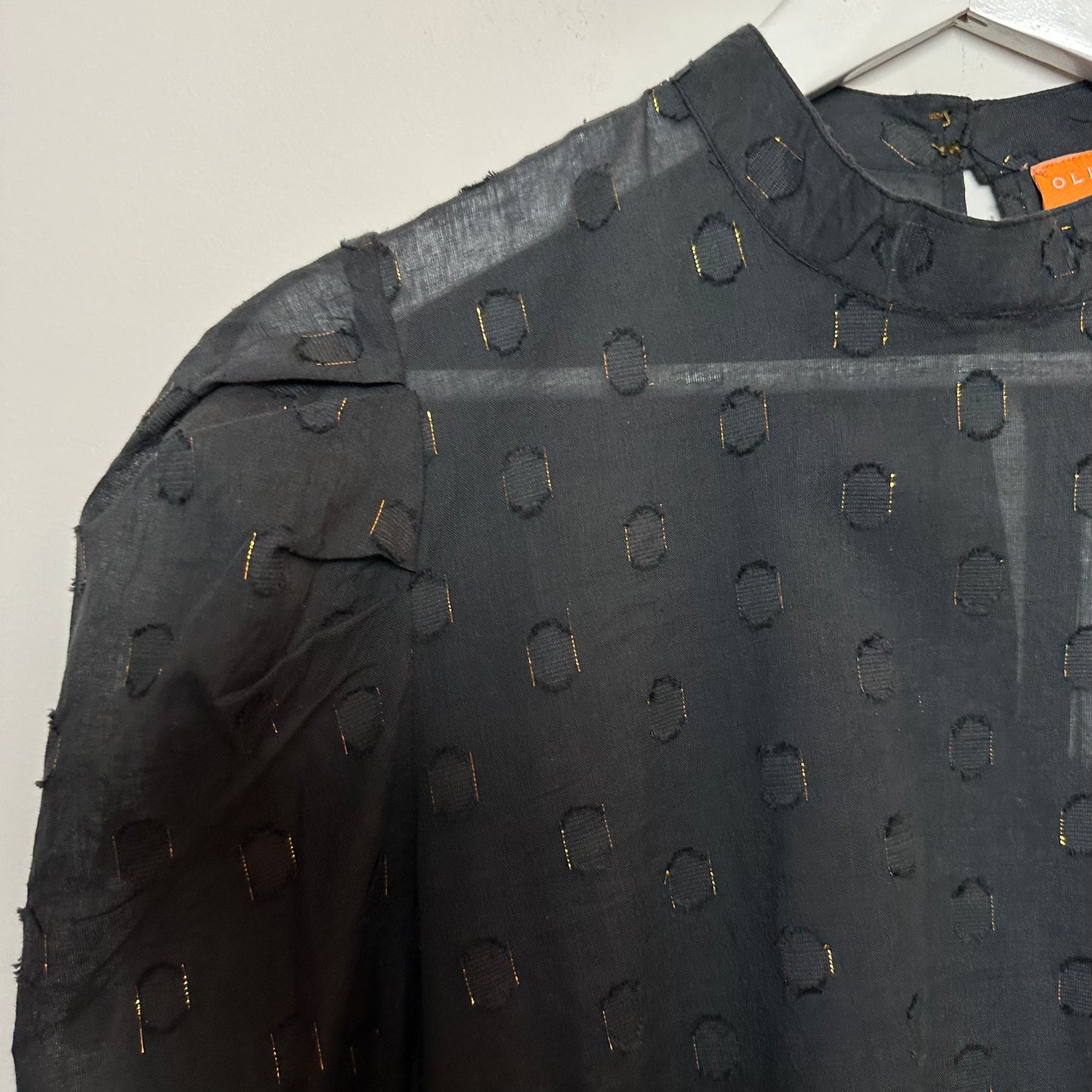 New with Tags Oliphant Mock Neck Blouse Midnight Black Gold Polka Dot Medium