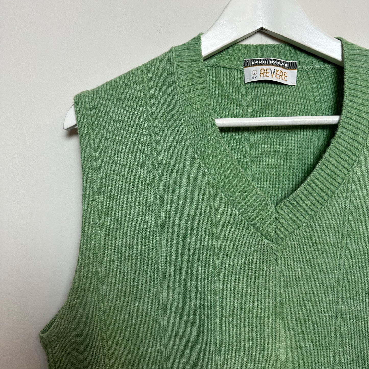 Vintage Revere Sweater Vest Light Green Knit V Neck Large