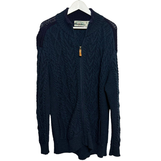 Aran Crafts Ireland 100% Merino Wool Cardigan Sweater Blue Chunky Knit XL