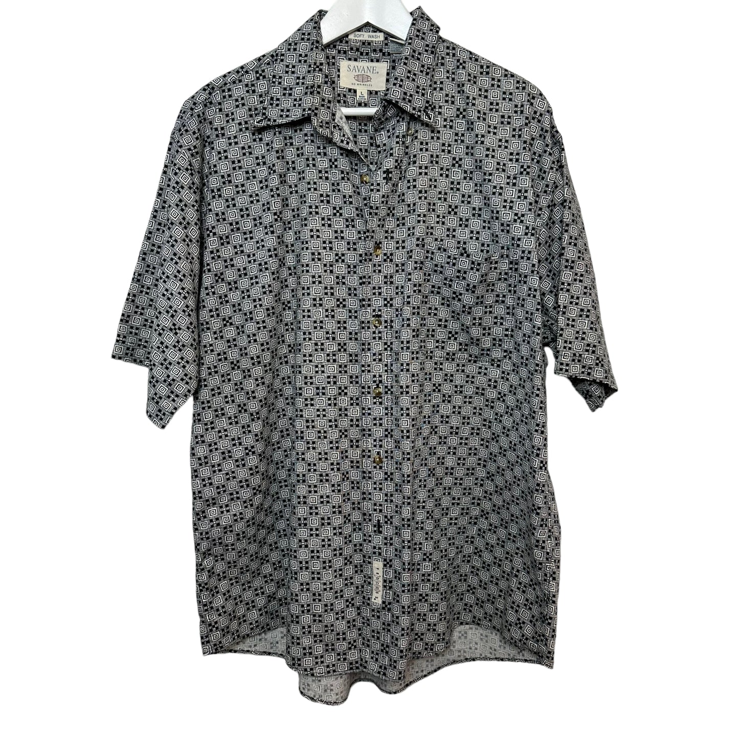 Retro Savane Short Sleeve Button Up Collared Shirt Geometric Print Black White Linen Cotton Large