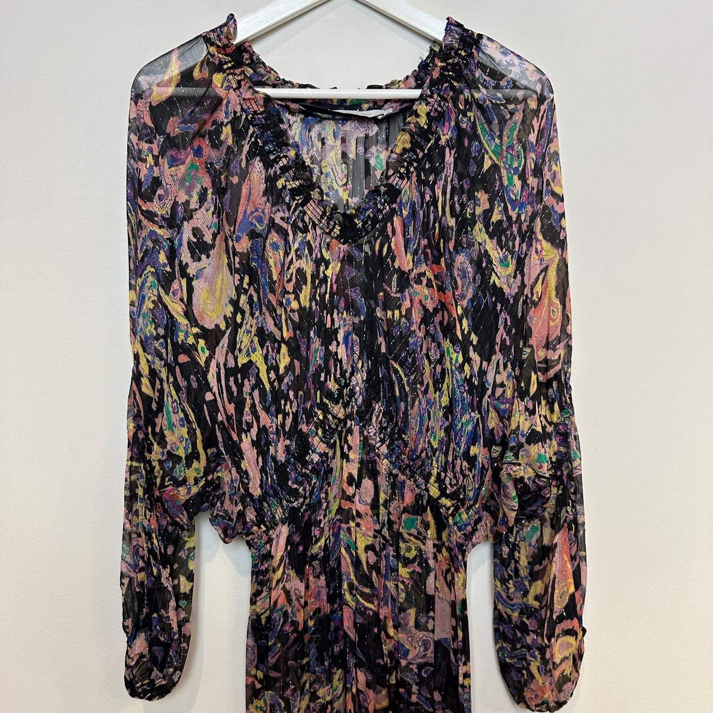 IRO Paris Ramona Dress Ruffle Trimmed Metallic Printed Chiffon Midi 40