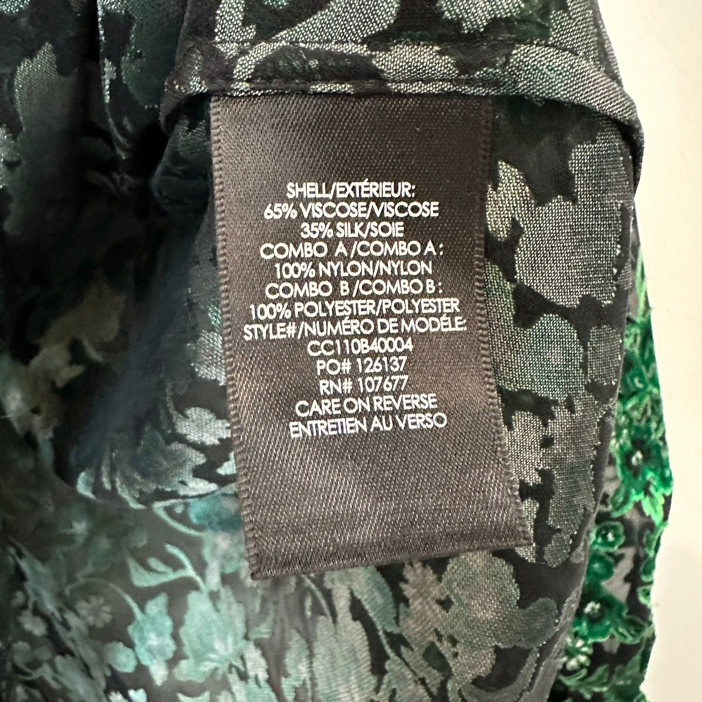 Alice + Olivia Clarice Illusion Yoke Blouse Green Black High Neck Floral Small