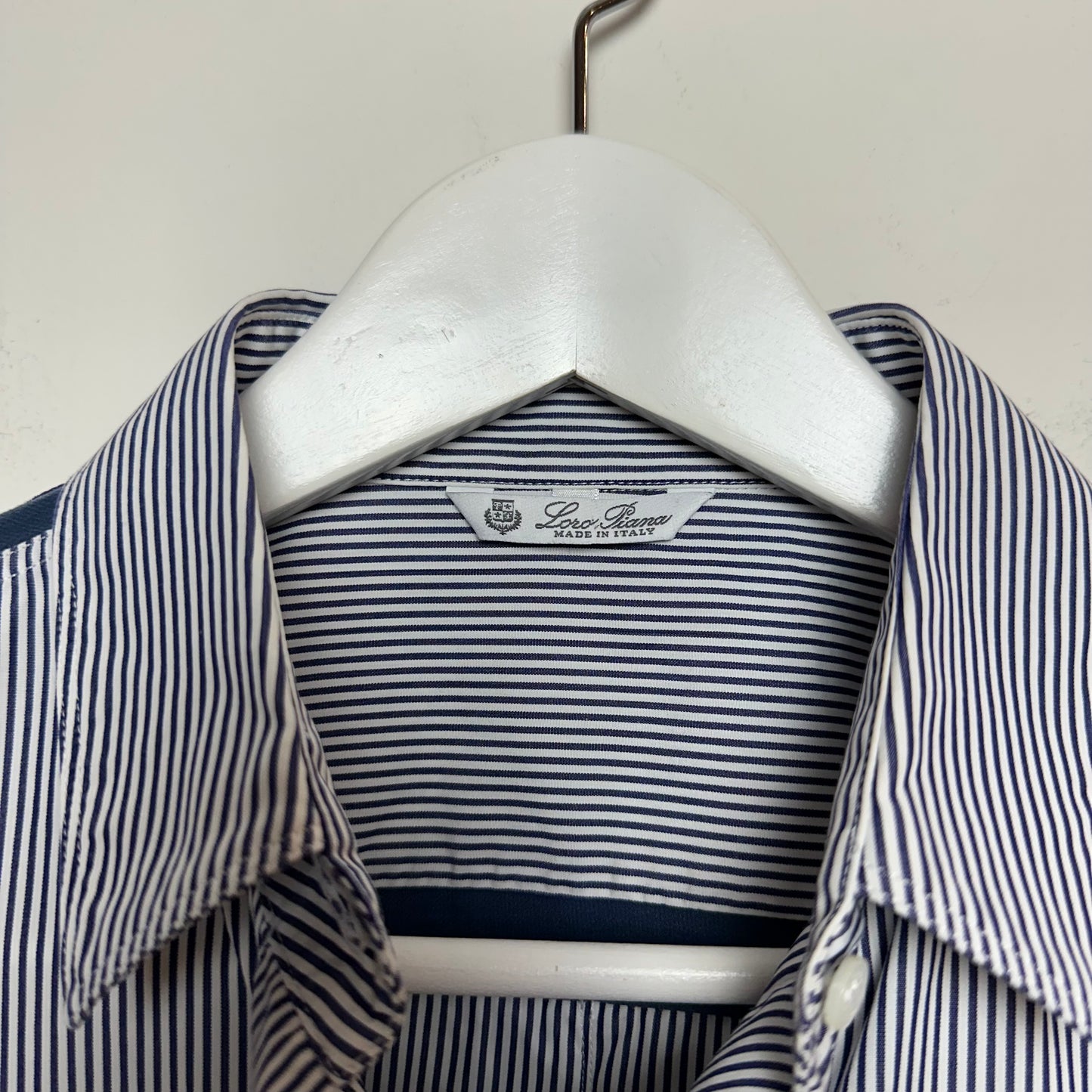 Loro Piana Button Up Shirt Collared Long Sleeve Striped Navy Blue and white Cotton Silk