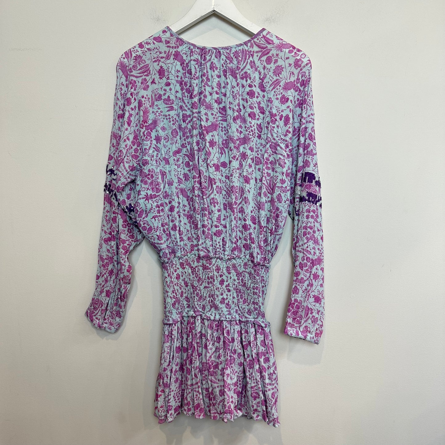 Hemant & Nandita Layla Smocked Waist Mini Dress Purple Sequins Long Sleeve XS