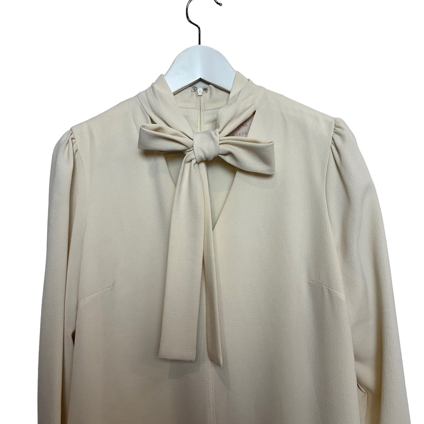 Gal Meets Glam Ines Tie Neck Long Sleeve Shift Dress Cream 14