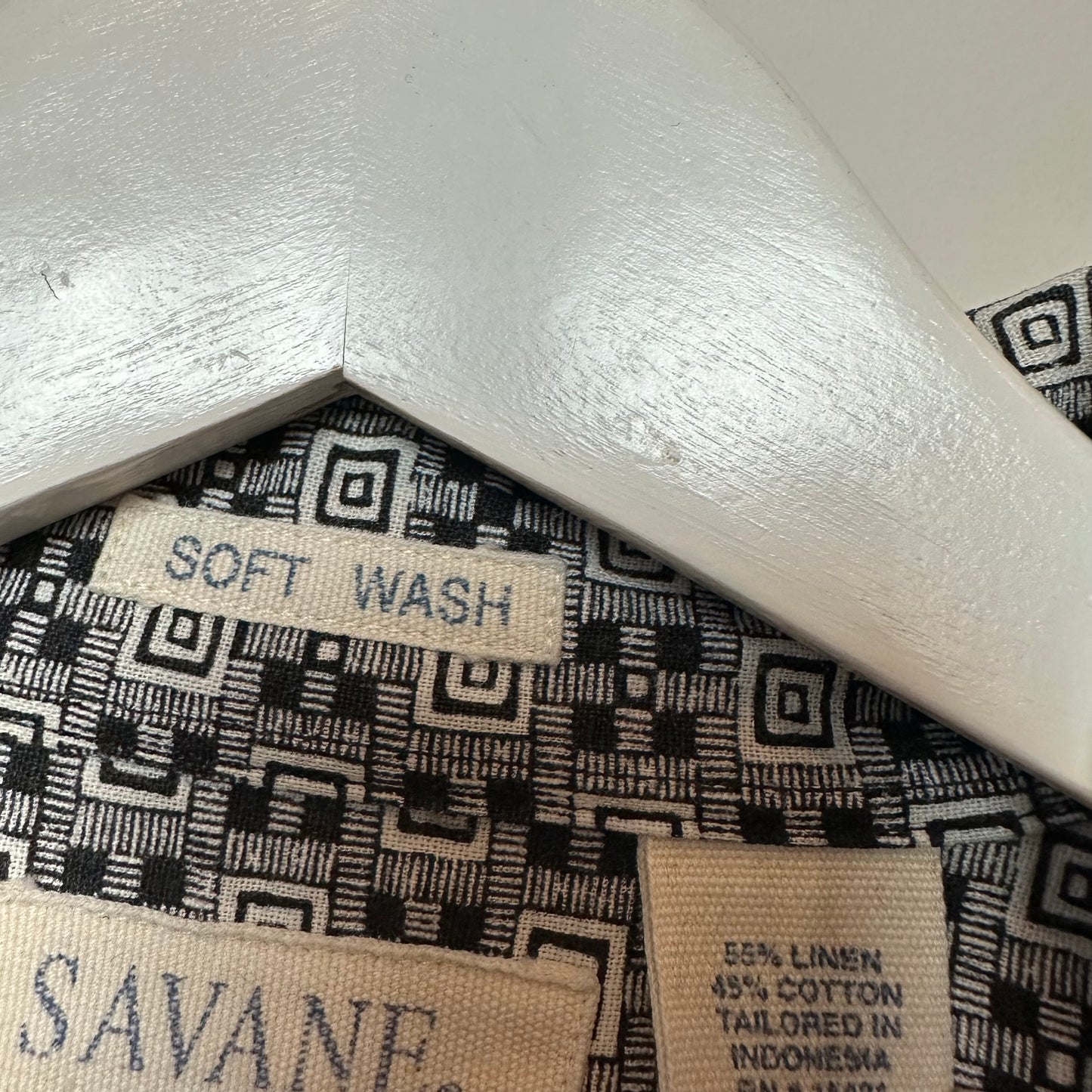 Retro Savane Short Sleeve Button Up Collared Shirt Geometric Print Black White Linen Cotton Large