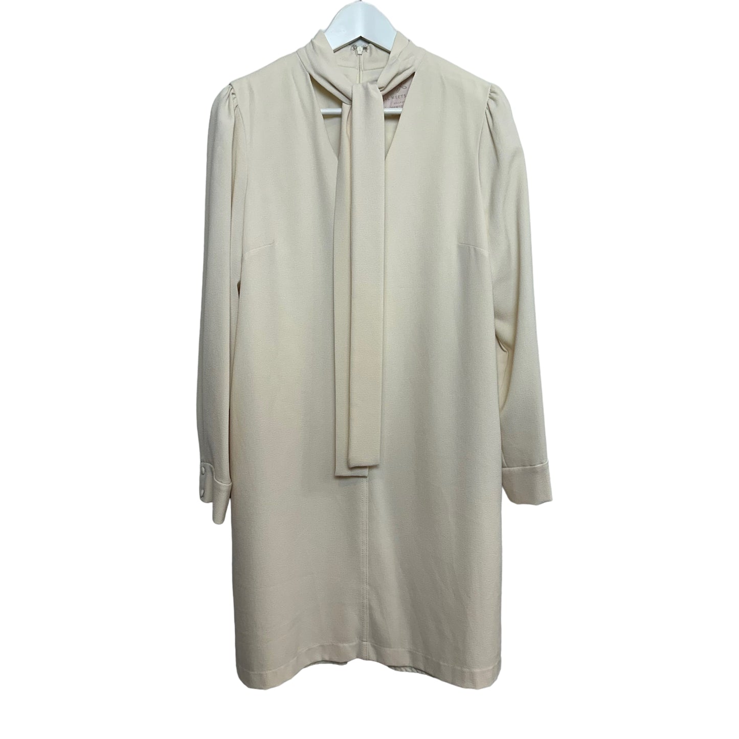 Gal Meets Glam Ines Tie Neck Long Sleeve Shift Dress Cream 14