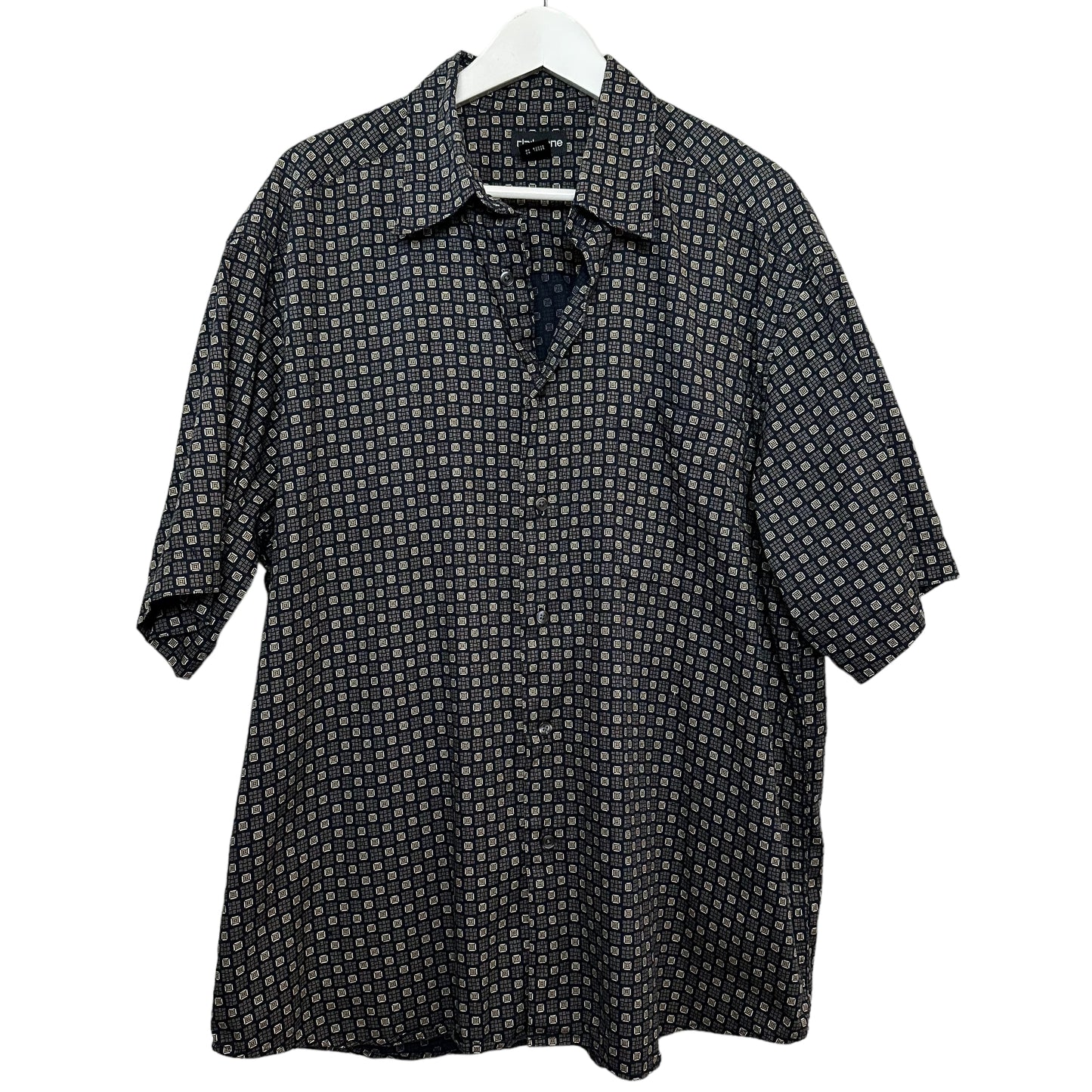 Retro Liz Claiborne Geometric Pattern Short Sleeve Button Down Black Cotton XL