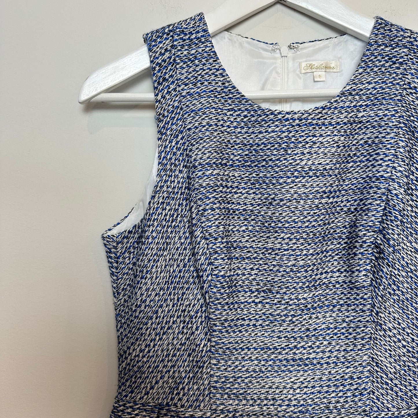 Shoshanna Blue Bell Tweed Dress Sleeveless Blue White Fit and Flare 6