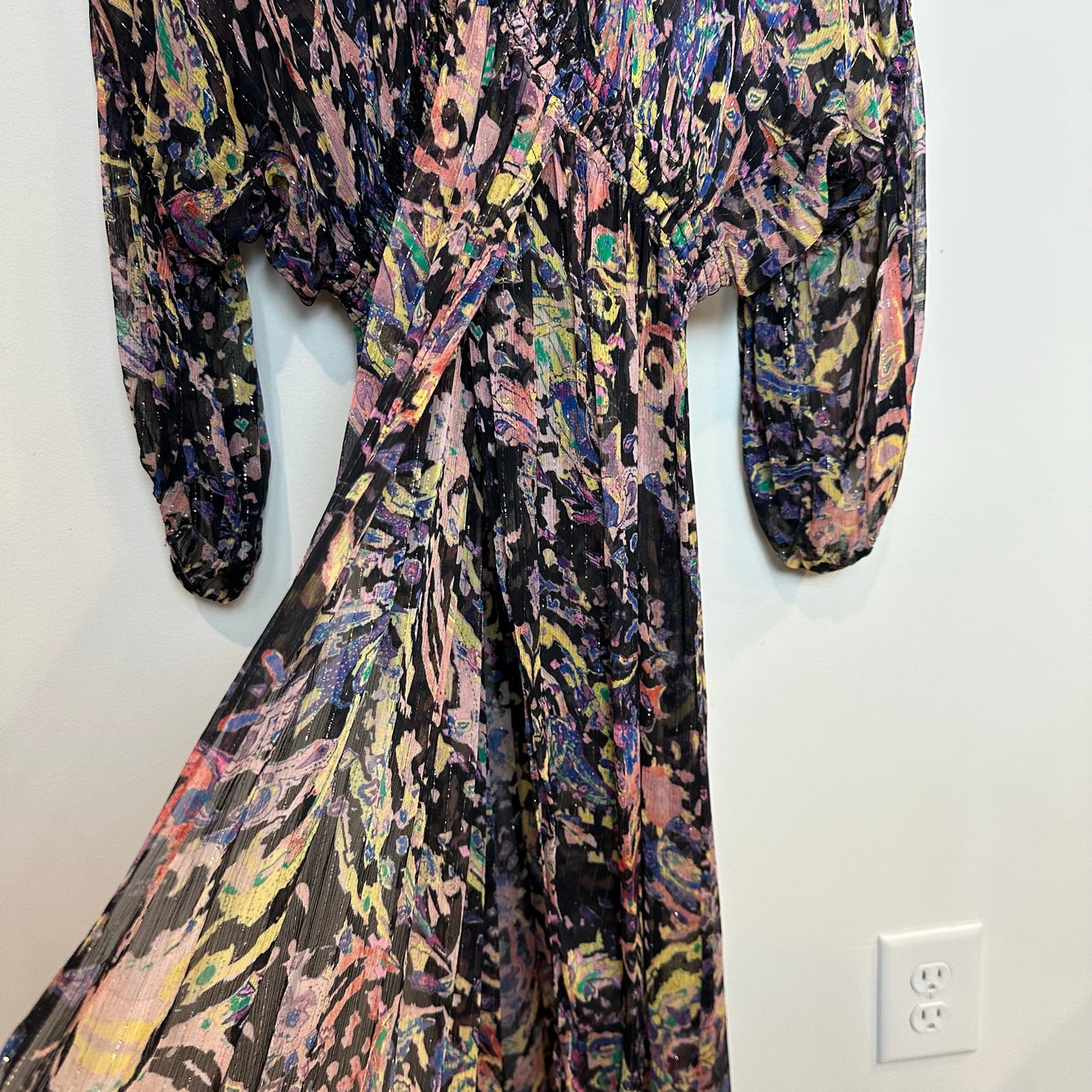 IRO Paris Ramona Dress Ruffle Trimmed Metallic Printed Chiffon Midi 40