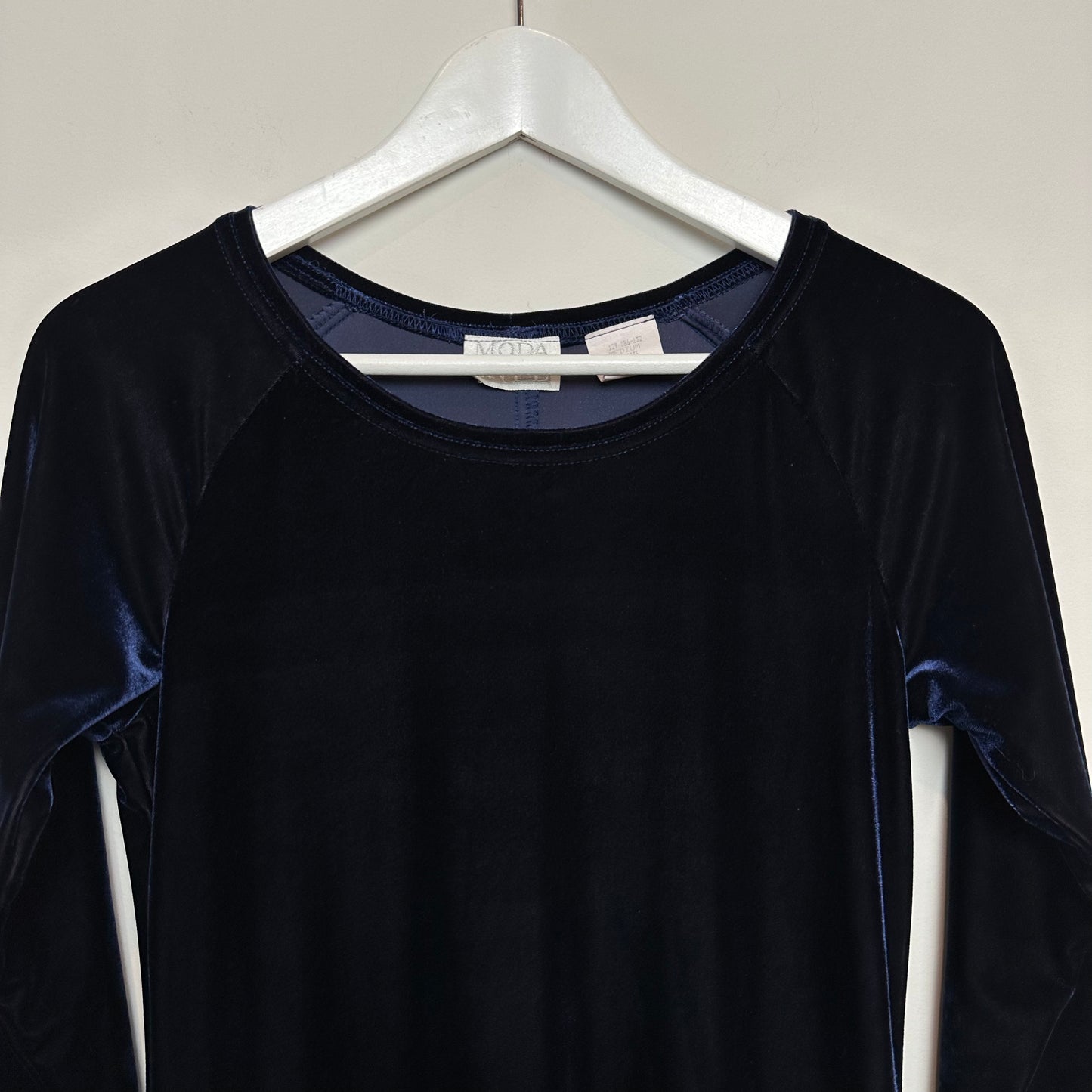 Vintage 90s Moda Int Blue Velvet Long Sleeve Dress Fit and Flare Made in the USA Medium Petite