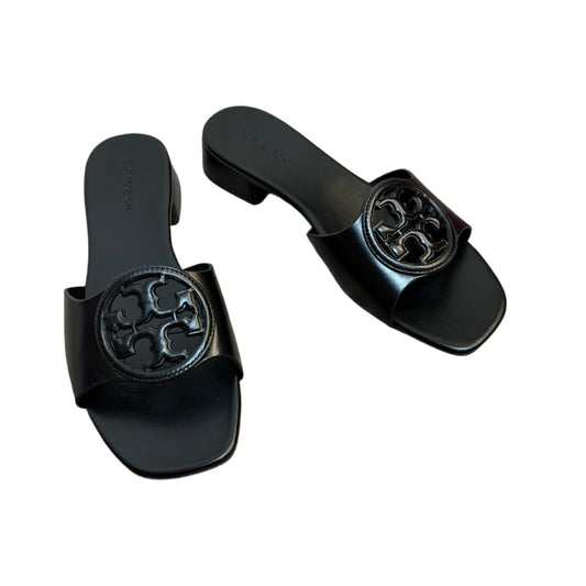 Tory Burch Bombe Miller Slide Slip Resistant Sandals Low Block Heel Black Leather 6