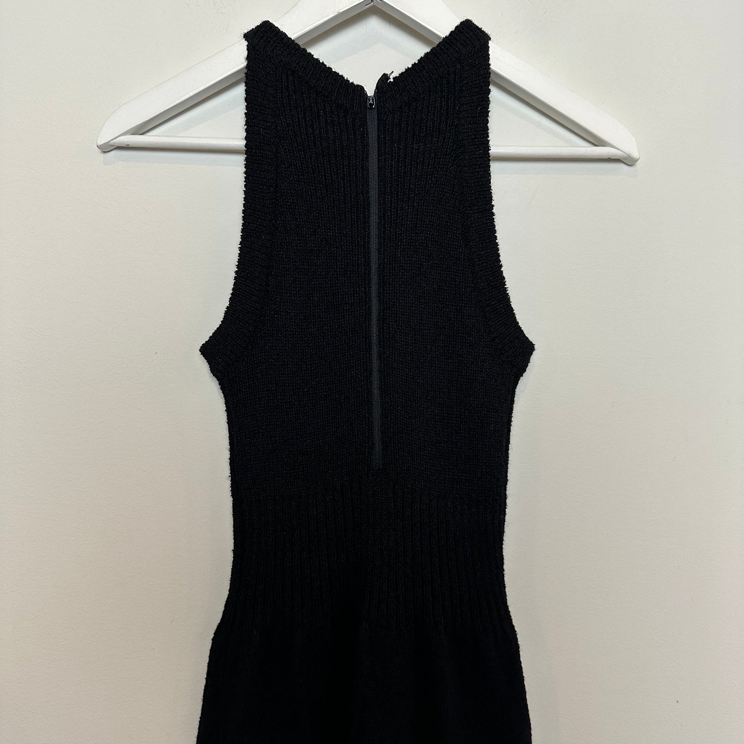 Vintage 70s Knit Maxi Dress High Neck Halter Crochet Wool Blend