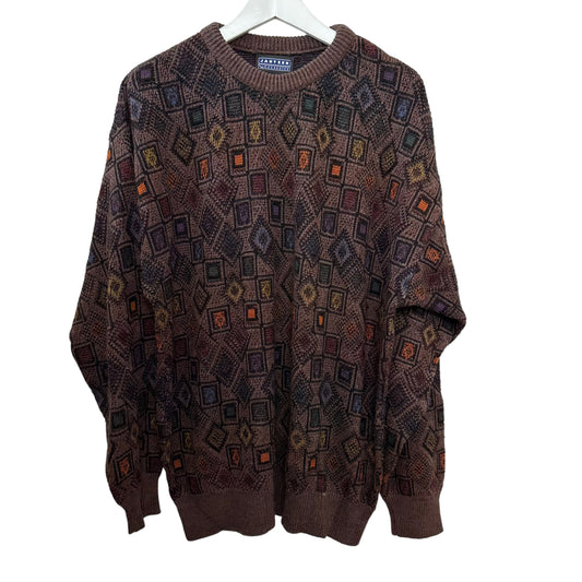 Vintage 90s Jantzen Chunky Knit Grandpa Sweater Geometric Brown Colorful Large