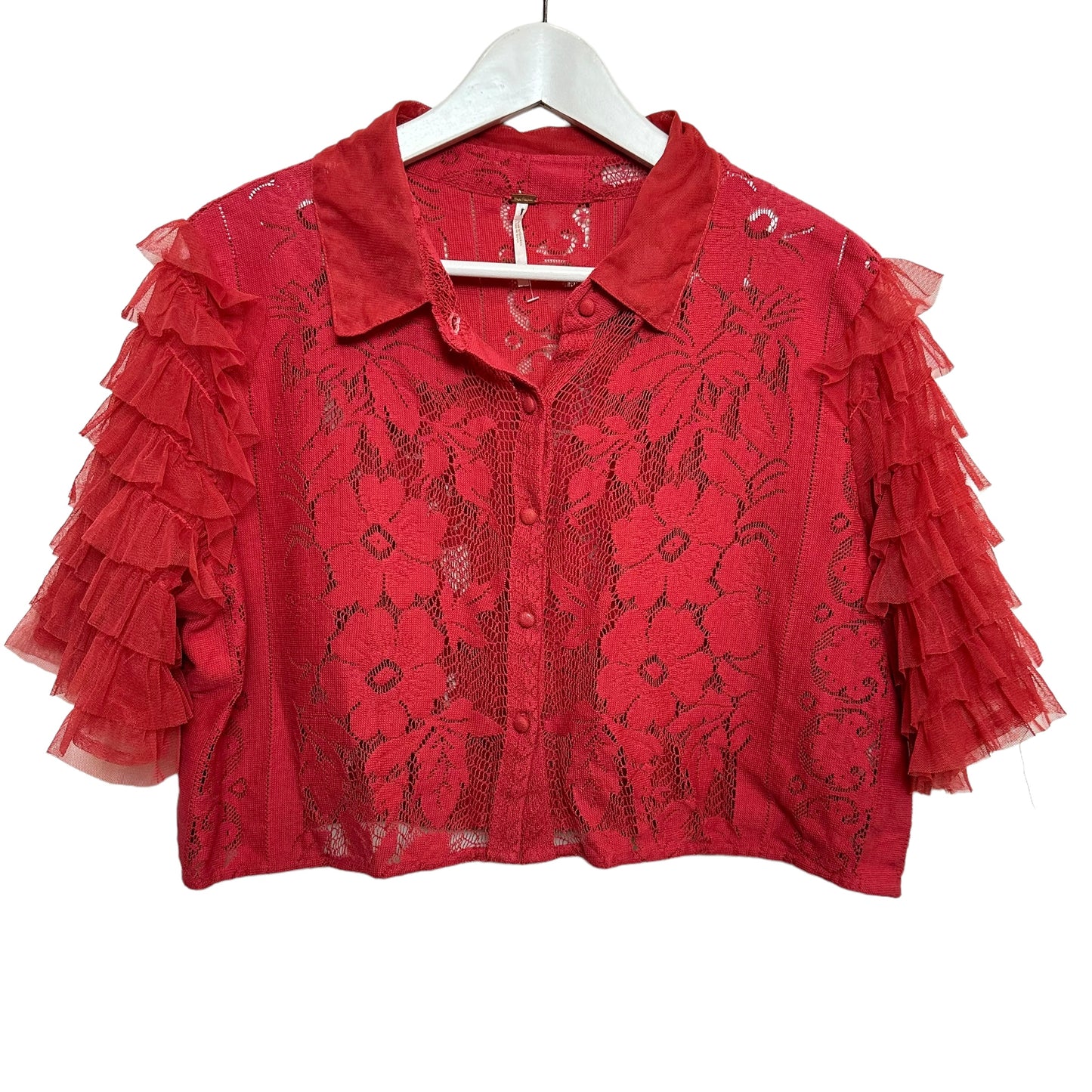 Free People Madonna Ruffle Top Short Sleeve Cropped Blouse Lace Tulle XL