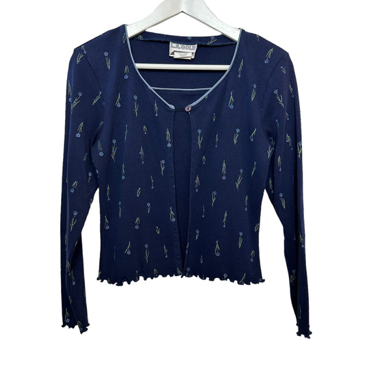 Y2K Cropped Cardigan Sweater with Attached Shirt Underneath Blue Floral L.A. Gold Medium