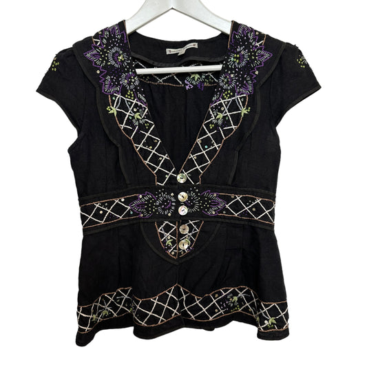 Vintage Y2K 90s Nanette Lepore Linen Blouse Peplum Black Embroidered 2
