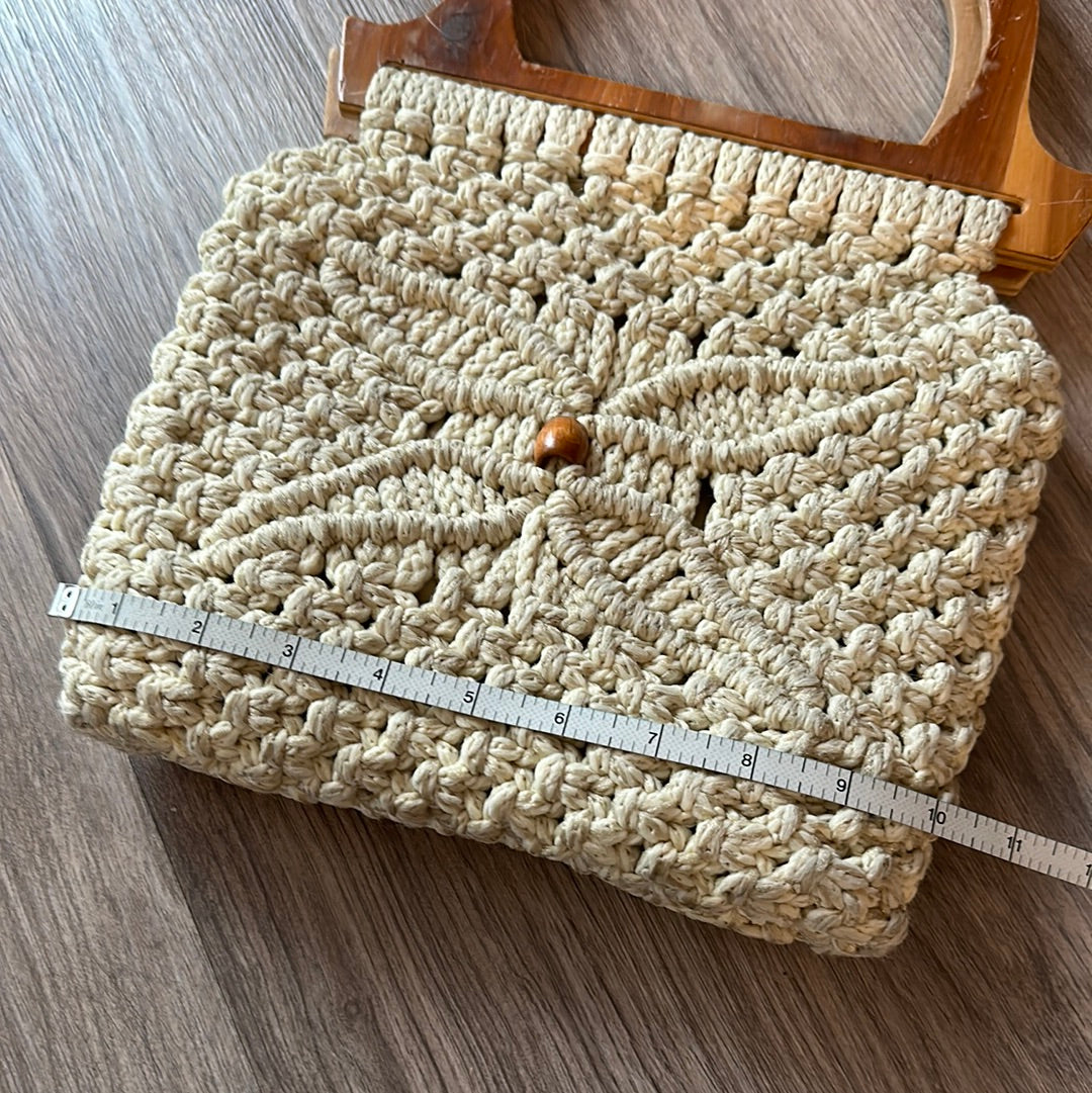 Vintage 70s Macrame Purse Wooden Top Handle Bag