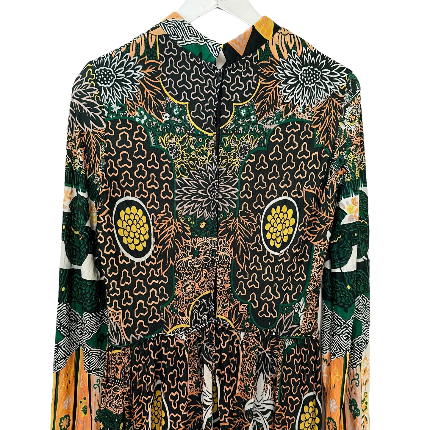 Vintage 60s 70s City Scene Maxi Dress Abstract Floral Boho Long Sleeve Medium