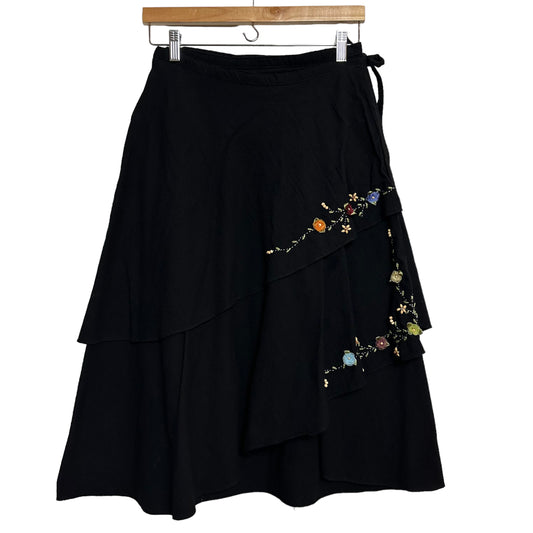 Jayli Wrap Skirt Black Embroidered Flowers Ruffled Midi Tie Waist