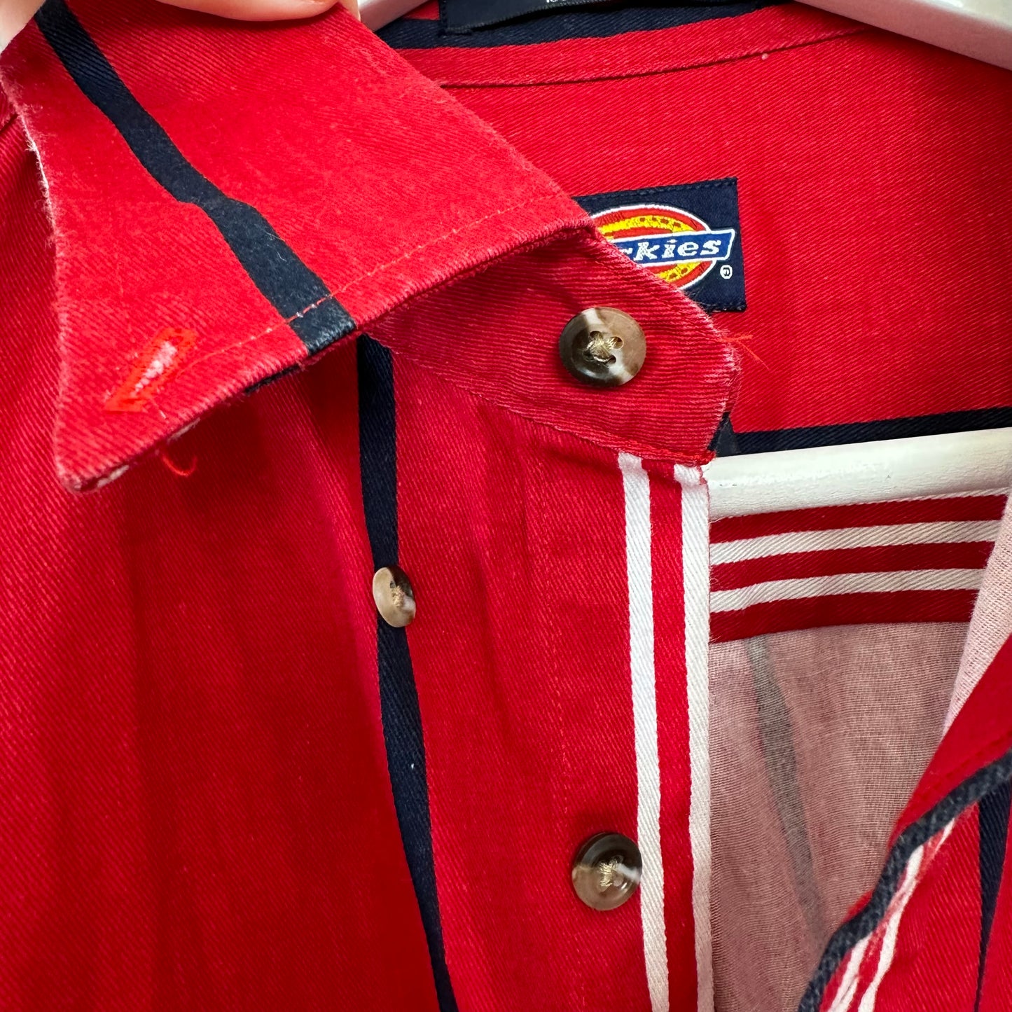 Dickies Short Sleeve Button Down Collared Shirt Red Striped Retro Work Shirt Large