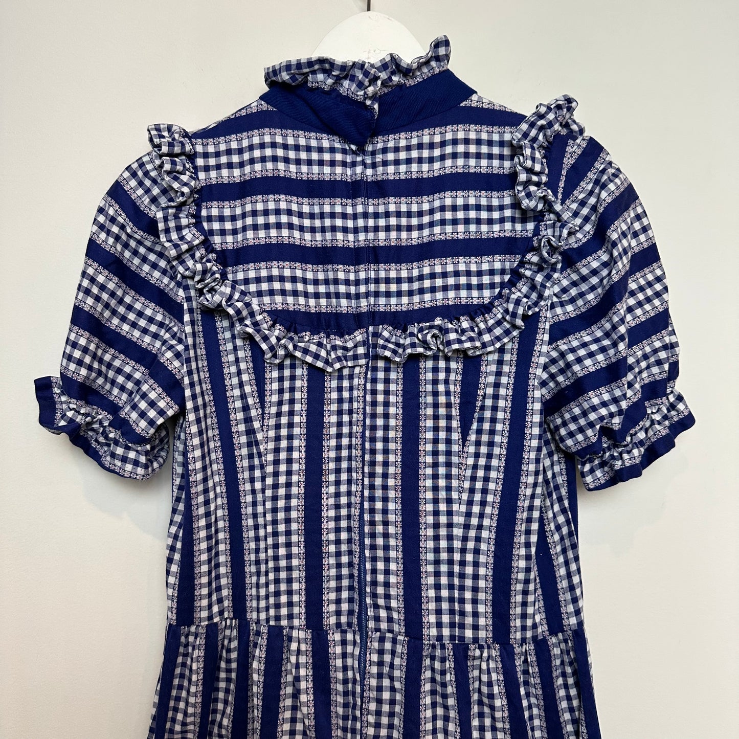 Vintage 70s Handmade Floral Midi Dress High Neck Short Sleeves Blue White Ruffles