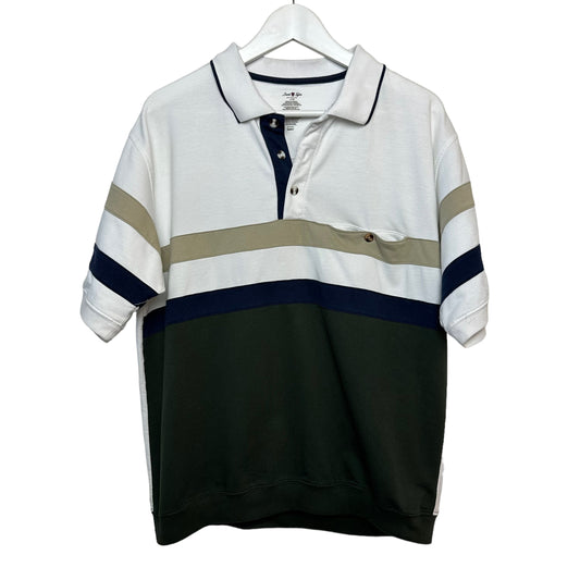 Retro David Taylor Polo Shirt Bold Striped Green White Banded Bottom Large