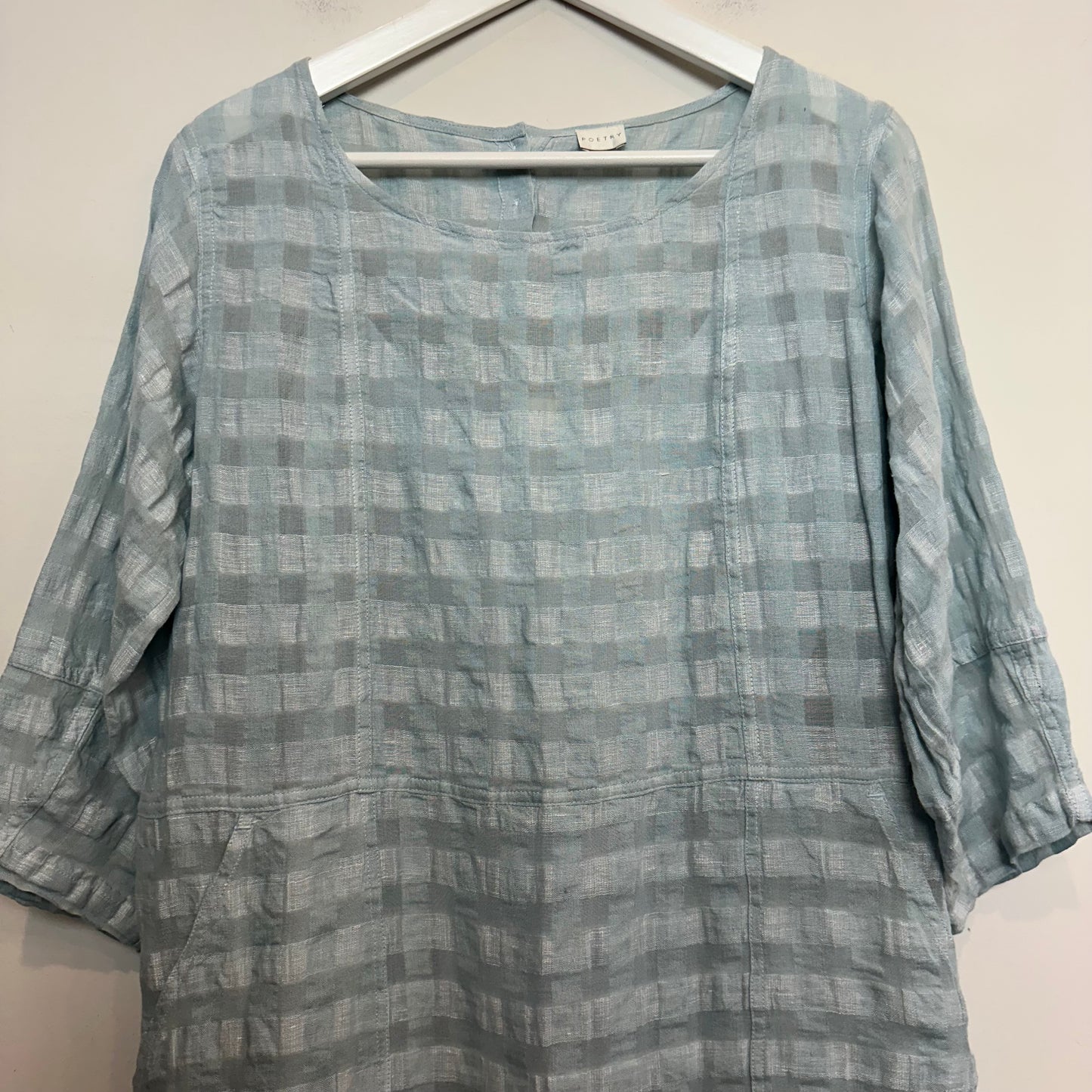 Poetry Round Neck Dress Checkered Seersucker Linen Cotton Blue Ocean 8