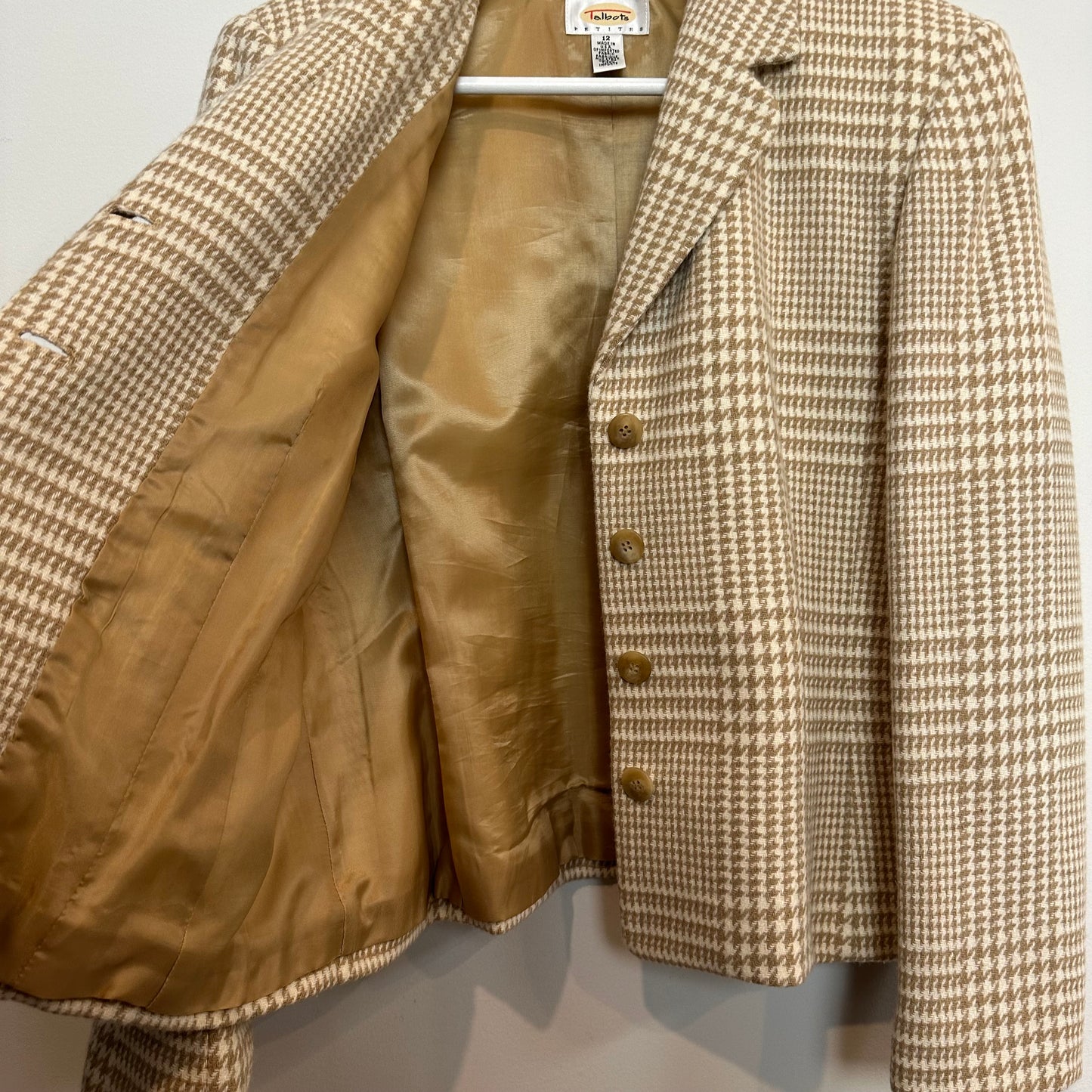 Vintage Talbots Blazer Tan Tweed Cashmere Wool Angora Cropped Plaid 12P