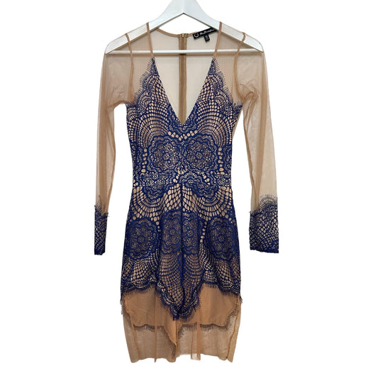 For Love and Lemons Antigua Mini Dress Blue Lace Sheer Mesh Long Sleeve Small